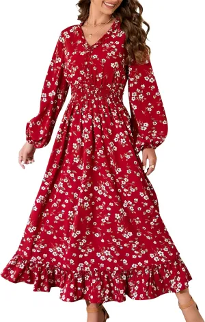 MISSKY Casual V Neck Boho Floral Print Wedding Guest Maxi Dresses for Women Bohemian Flowy Maxi Dress