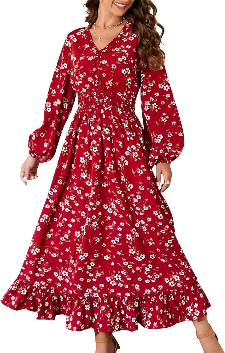 MISSKY Casual V Neck Boho Floral Print Wedding Guest Maxi Dresses for Women Bohemian Flowy Maxi Dress