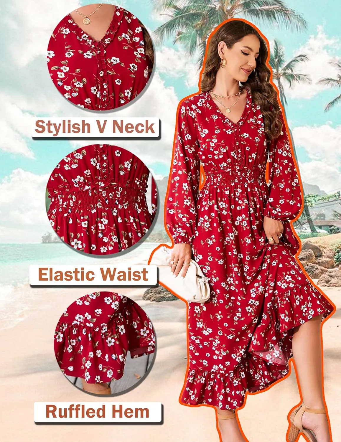 MISSKY Casual V Neck Boho Floral Print Wedding Guest Maxi Dresses for Women Bohemian Flowy Maxi Dress