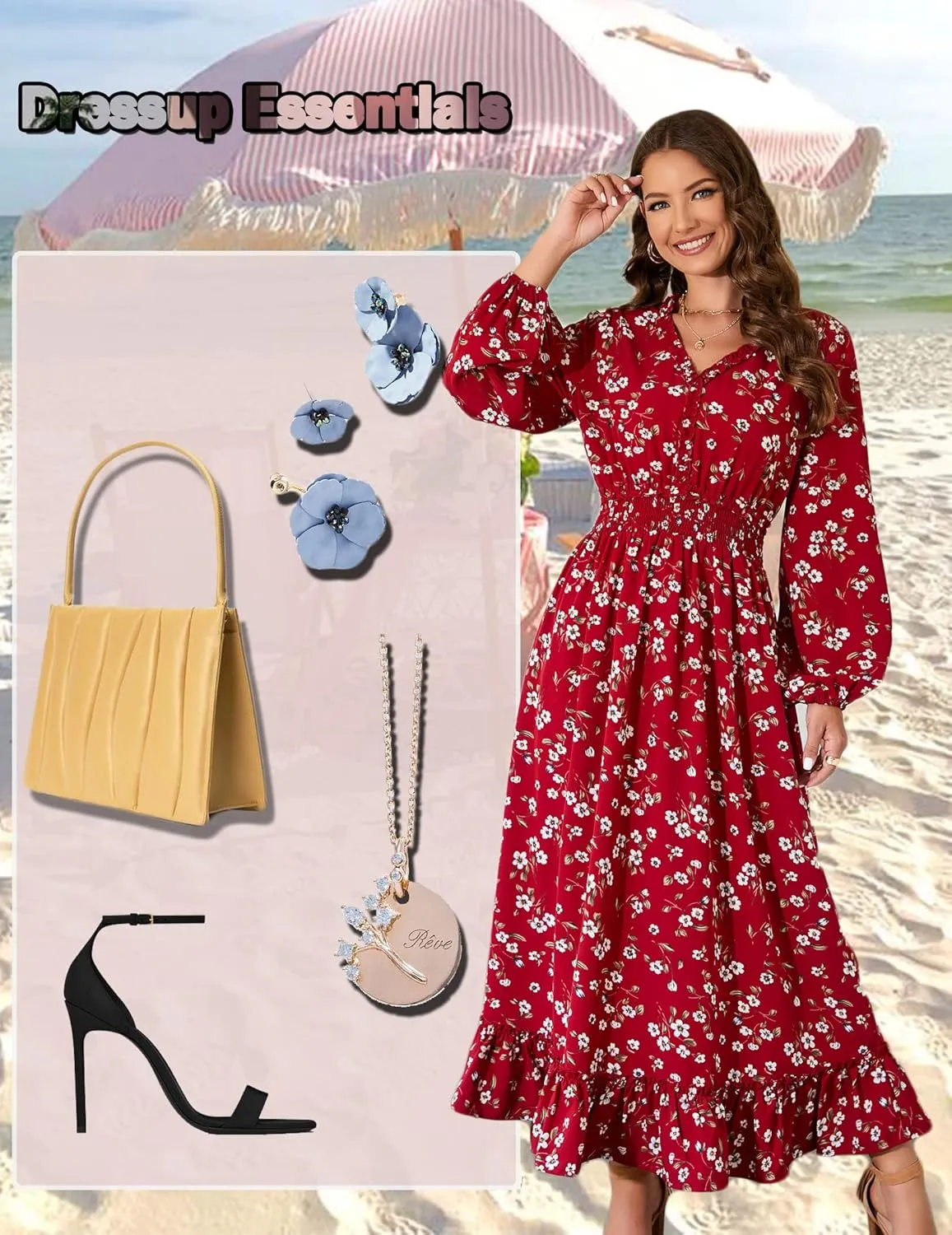 MISSKY Casual V Neck Boho Floral Print Wedding Guest Maxi Dresses for Women Bohemian Flowy Maxi Dress