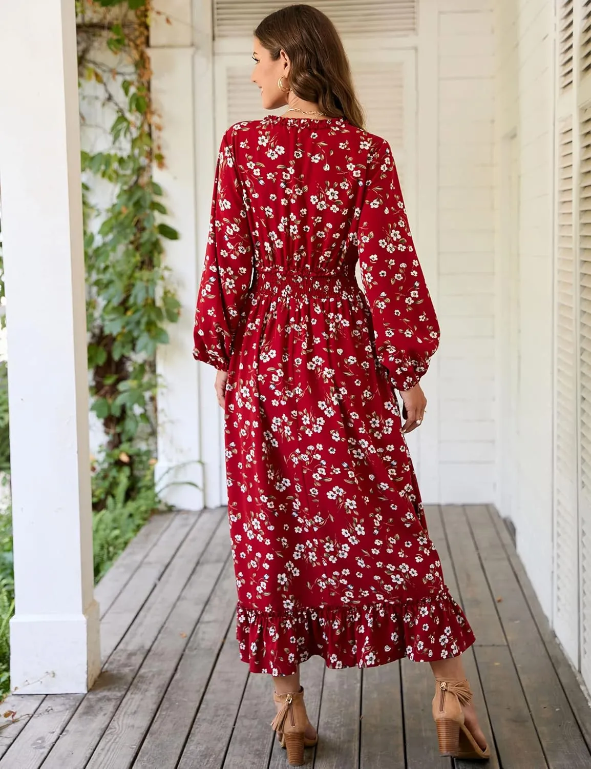 MISSKY Casual V Neck Boho Floral Print Wedding Guest Maxi Dresses for Women Bohemian Flowy Maxi Dress