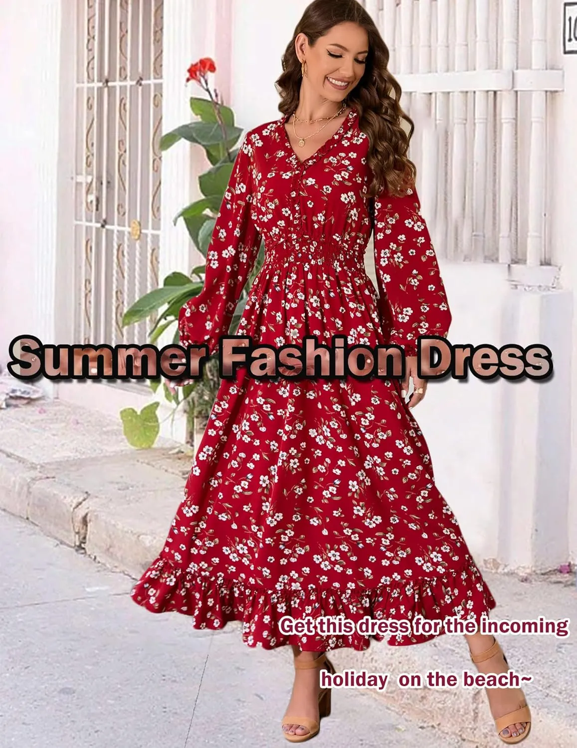 MISSKY Casual V Neck Boho Floral Print Wedding Guest Maxi Dresses for Women Bohemian Flowy Maxi Dress