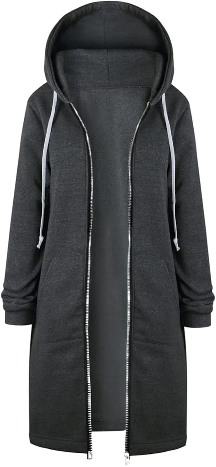 Muyise Women's Casual Zip Up Long Hoodies Tunic Sweatshirt Winter Warm Long Sleeve Hooded Outerwear Jacket Coat with Pockets