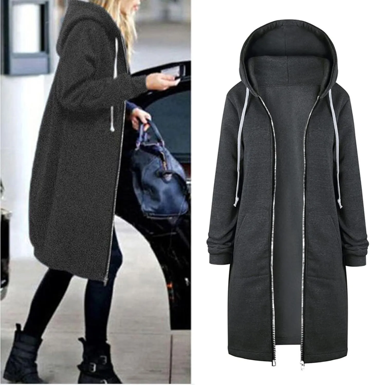 Muyise Women's Casual Zip Up Long Hoodies Tunic Sweatshirt Winter Warm Long Sleeve Hooded Outerwear Jacket Coat with Pockets
