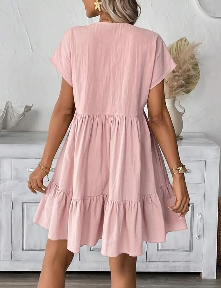 Mywinway Women's Linen Dress Summer Casual Sundress Short Sleeve V Neck Loose Flowy A Line Ruffle Swing Tunic Cute Mini Dress