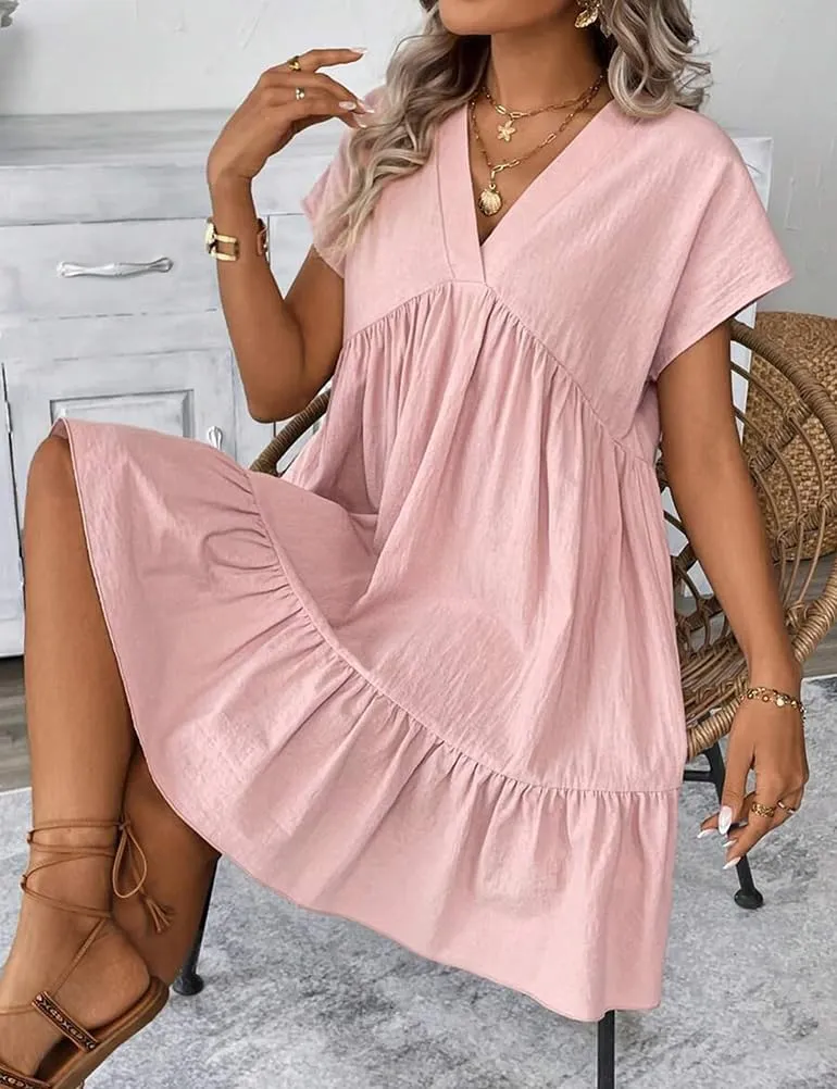 Mywinway Women's Linen Dress Summer Casual Sundress Short Sleeve V Neck Loose Flowy A Line Ruffle Swing Tunic Cute Mini Dress