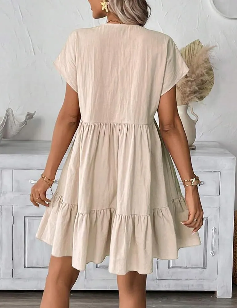 Mywinway Women's Linen Dress Summer Casual Sundress Short Sleeve V Neck Loose Flowy A Line Ruffle Swing Tunic Cute Mini Dress