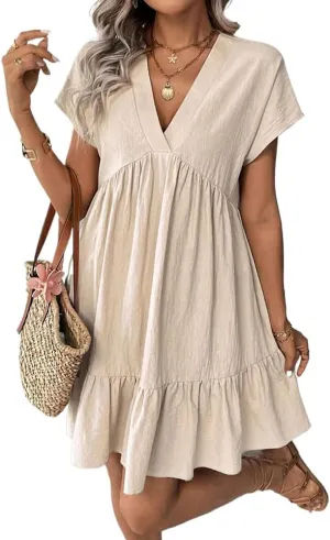 Mywinway Women's Linen Dress Summer Casual Sundress Short Sleeve V Neck Loose Flowy A Line Ruffle Swing Tunic Cute Mini Dress