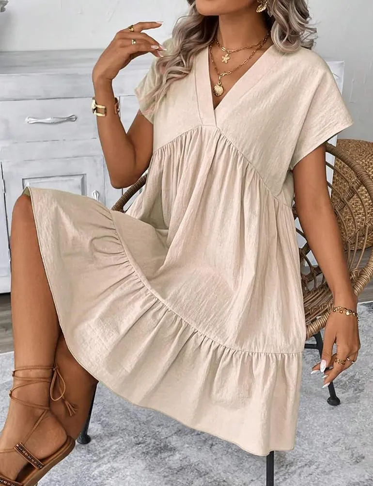 Mywinway Women's Linen Dress Summer Casual Sundress Short Sleeve V Neck Loose Flowy A Line Ruffle Swing Tunic Cute Mini Dress