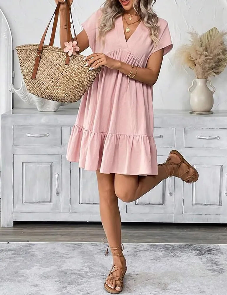 Mywinway Women's Linen Dress Summer Casual Sundress Short Sleeve V Neck Loose Flowy A Line Ruffle Swing Tunic Cute Mini Dress