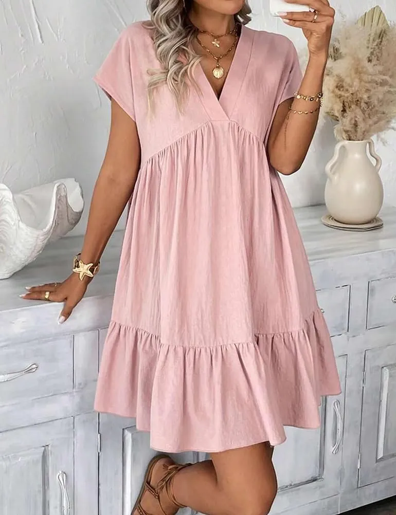 Mywinway Women's Linen Dress Summer Casual Sundress Short Sleeve V Neck Loose Flowy A Line Ruffle Swing Tunic Cute Mini Dress