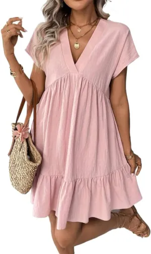 Mywinway Women's Linen Dress Summer Casual Sundress Short Sleeve V Neck Loose Flowy A Line Ruffle Swing Tunic Cute Mini Dress