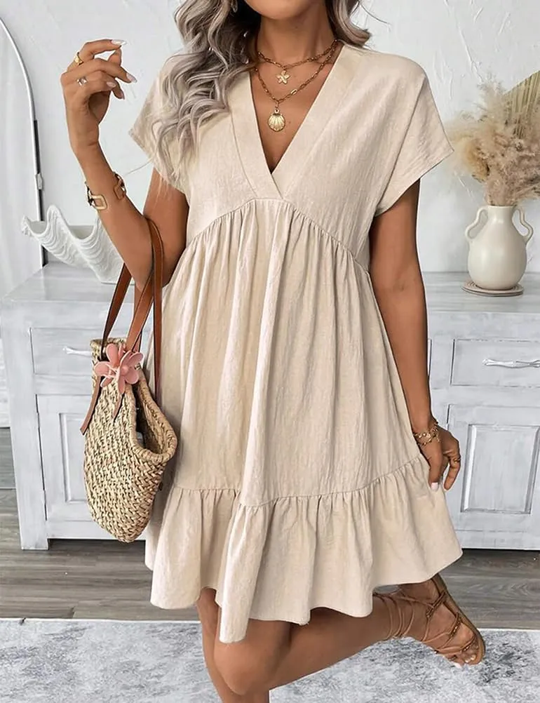 Mywinway Women's Linen Dress Summer Casual Sundress Short Sleeve V Neck Loose Flowy A Line Ruffle Swing Tunic Cute Mini Dress
