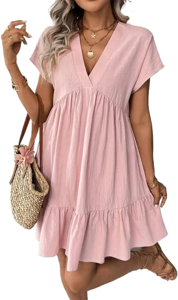 Mywinway Women's Linen Dress Summer Casual Sundress Short Sleeve V Neck Loose Flowy A Line Ruffle Swing Tunic Cute Mini Dress