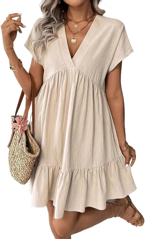 Mywinway Women's Linen Dress Summer Casual Sundress Short Sleeve V Neck Loose Flowy A Line Ruffle Swing Tunic Cute Mini Dress