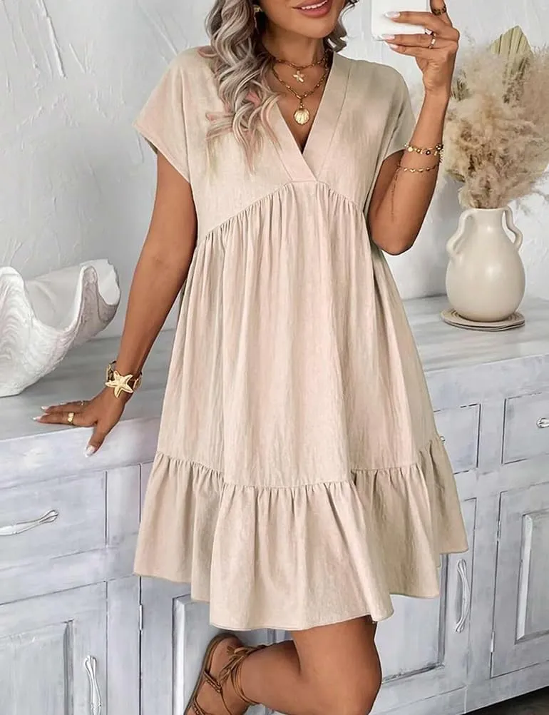 Mywinway Women's Linen Dress Summer Casual Sundress Short Sleeve V Neck Loose Flowy A Line Ruffle Swing Tunic Cute Mini Dress