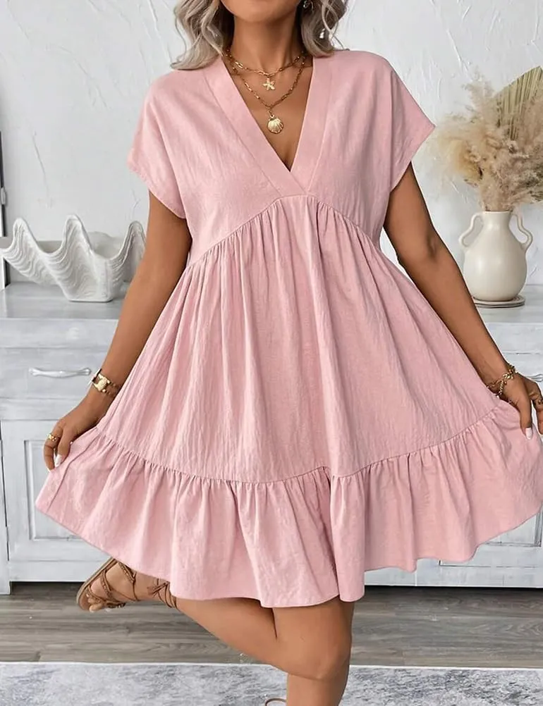 Mywinway Women's Linen Dress Summer Casual Sundress Short Sleeve V Neck Loose Flowy A Line Ruffle Swing Tunic Cute Mini Dress