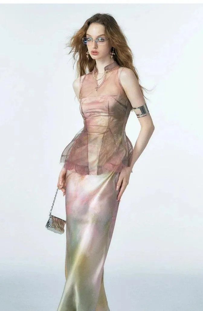 Of Akiva Ethereal Watercolor Silk Maxi Dress - Women'S Spaghetti Strap Body-Con Evening Gown
