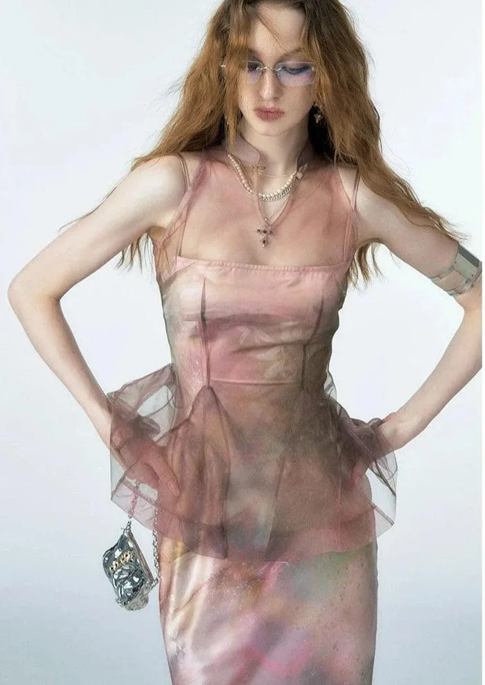 Of Akiva Ethereal Watercolor Silk Maxi Dress - Women'S Spaghetti Strap Body-Con Evening Gown
