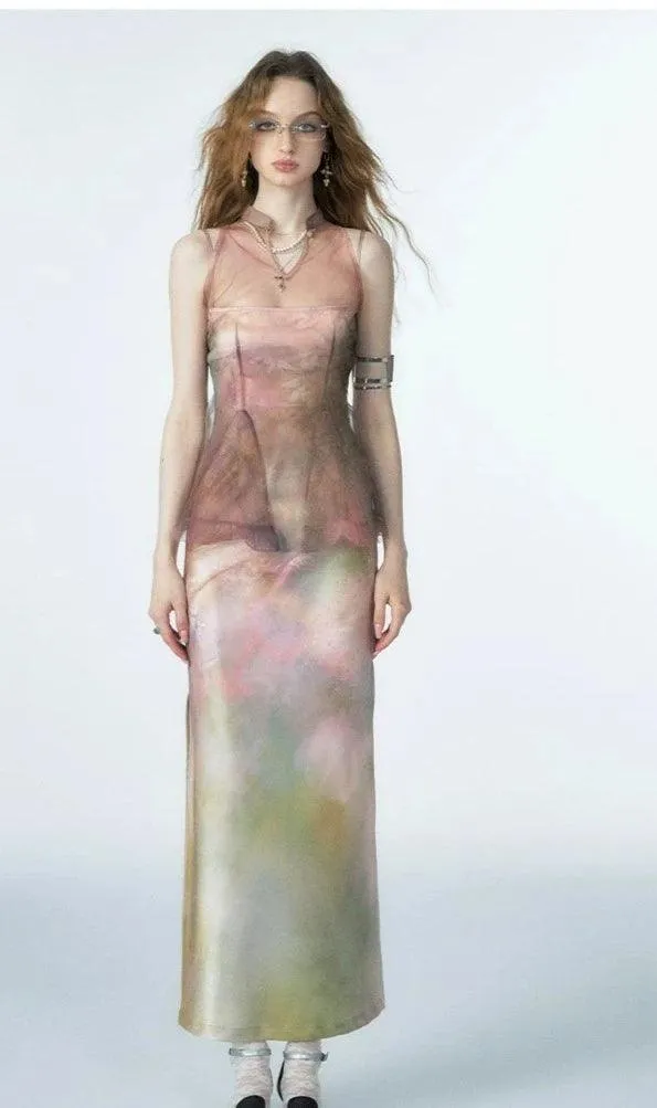 Of Akiva Ethereal Watercolor Silk Maxi Dress - Women'S Spaghetti Strap Body-Con Evening Gown