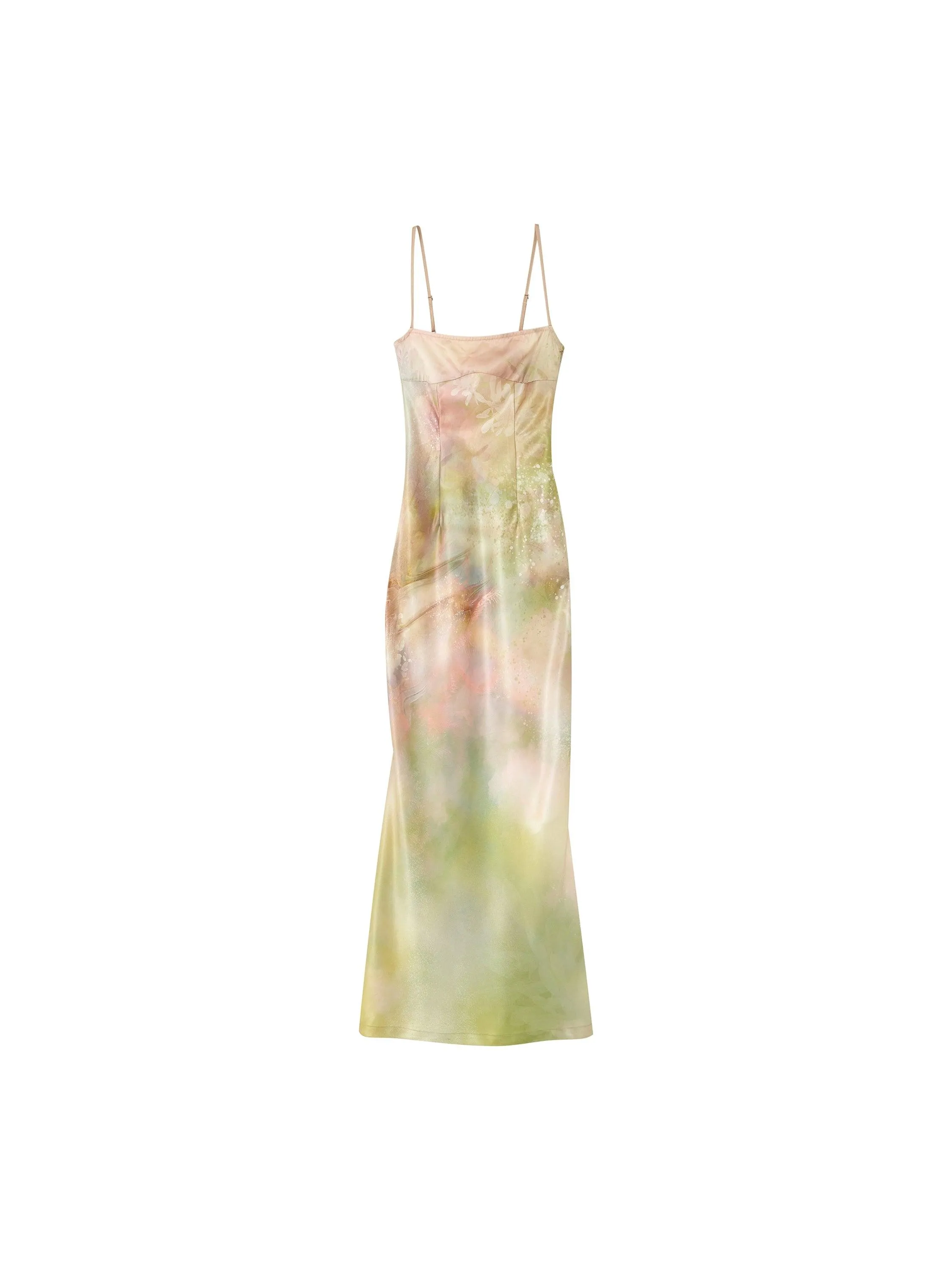 Of Akiva Ethereal Watercolor Silk Maxi Dress - Women'S Spaghetti Strap Body-Con Evening Gown