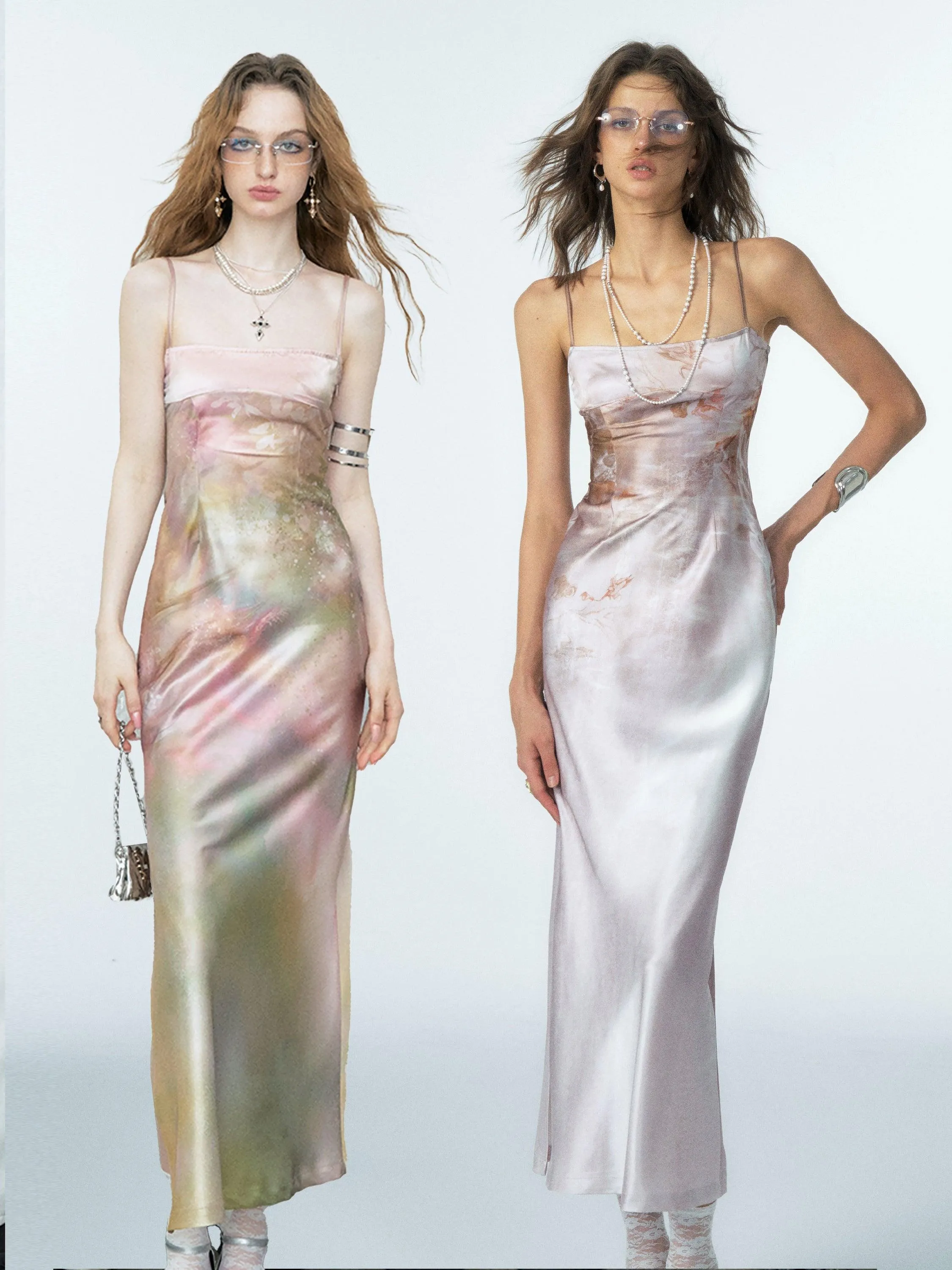Of Akiva Ethereal Watercolor Silk Maxi Dress - Women'S Spaghetti Strap Body-Con Evening Gown