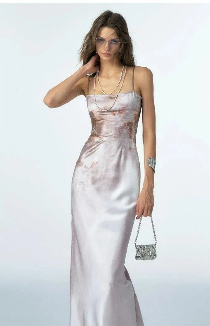 Of Akiva Ethereal Watercolor Silk Maxi Dress - Women'S Spaghetti Strap Body-Con Evening Gown