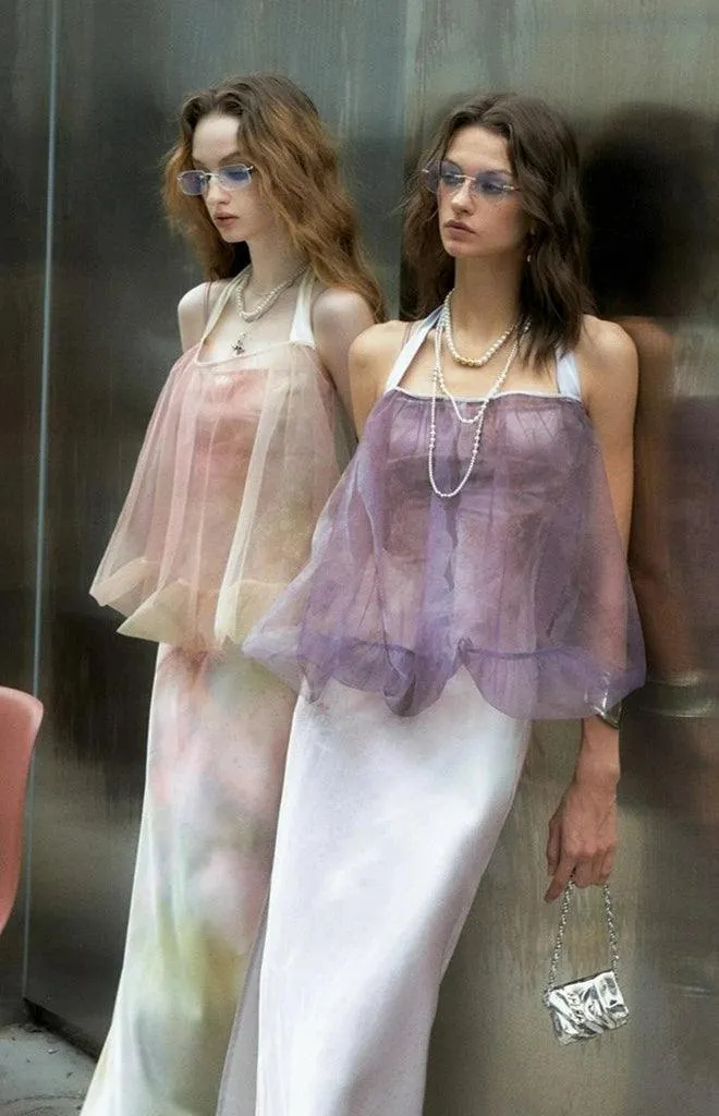 Of Akiva Ethereal Watercolor Silk Maxi Dress - Women'S Spaghetti Strap Body-Con Evening Gown
