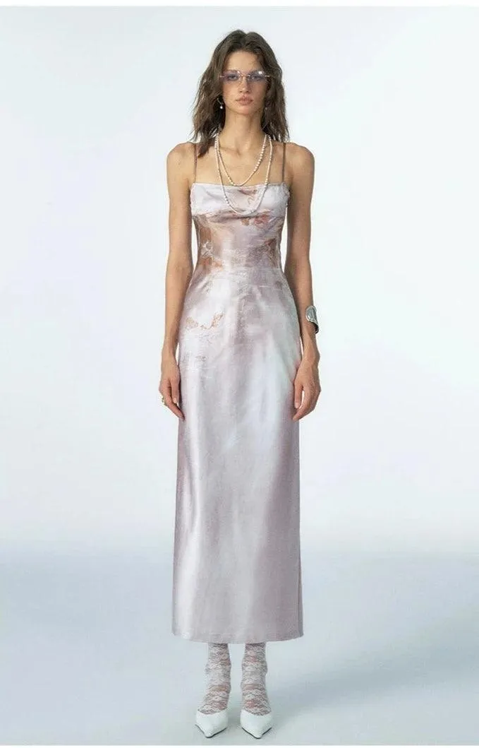 Of Akiva Ethereal Watercolor Silk Maxi Dress - Women'S Spaghetti Strap Body-Con Evening Gown