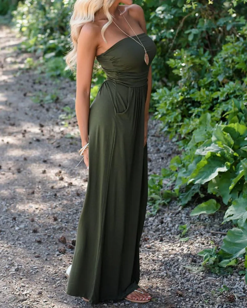 Ofenbuy Womens Off The Shoulder Maxi Dresses Summer Strapless Bandeau Long Dress with Pockets