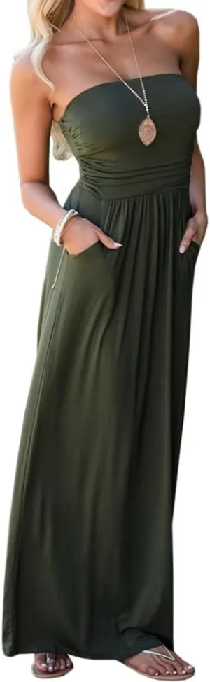Ofenbuy Womens Off The Shoulder Maxi Dresses Summer Strapless Bandeau Long Dress with Pockets