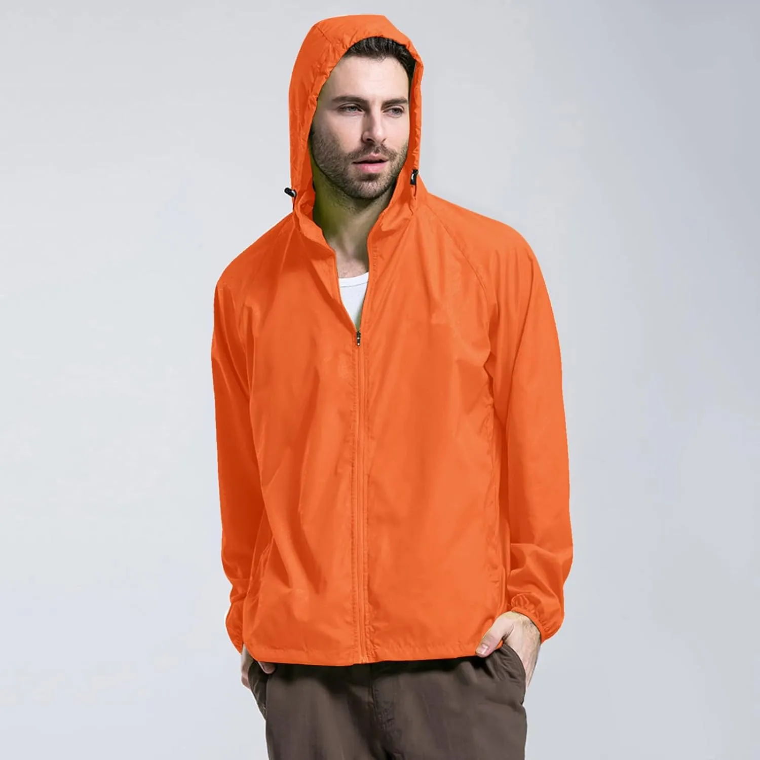 Packable Rain Jackets for Men Lightweight Breathable Waterproof Quick Dry Sun Hoodie Shell Jackets Outdoor Cycling Trenchcoat