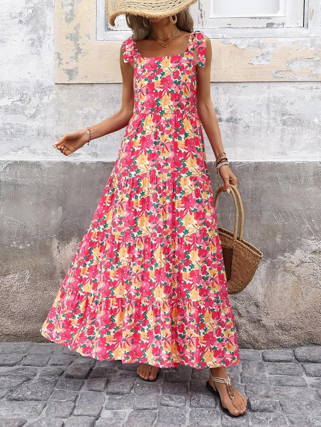 PRETTYGARDEN Womens Dresses 2025 Summer Floral Sleeveless Maxi Dress Casual Spaghetti Strap Tiered Flowy Beach Long Dress