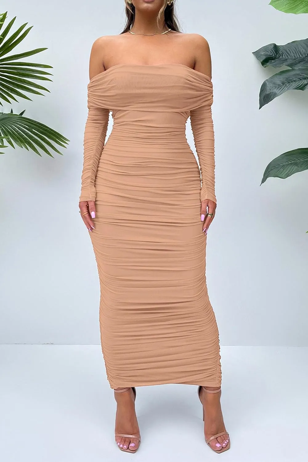 PRETTYGARDEN Women's Fall Off The Shoulder Maxi Dress Spring Long Sleeve Ruched Fitted Bodycon Club Dresses with Slit