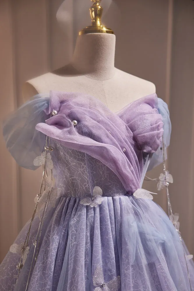 Purple Tulle Off the Shoulder Cute Short Homecoming Dress Prom Gown with Butterfly UQH0156