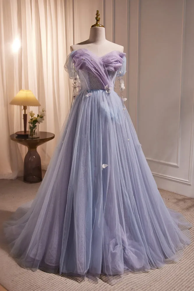 Purple Tulle Off the Shoulder Cute Short Homecoming Dress Prom Gown with Butterfly UQH0156