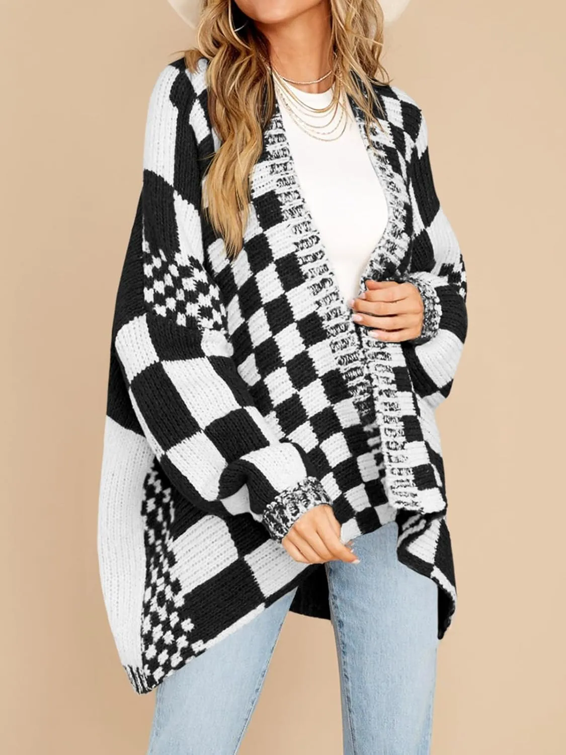 Saodimallsu Womens Checkered Sweater Color Block Plaid Cardigans Oversized Long Sleeve Knit Open Front Coats