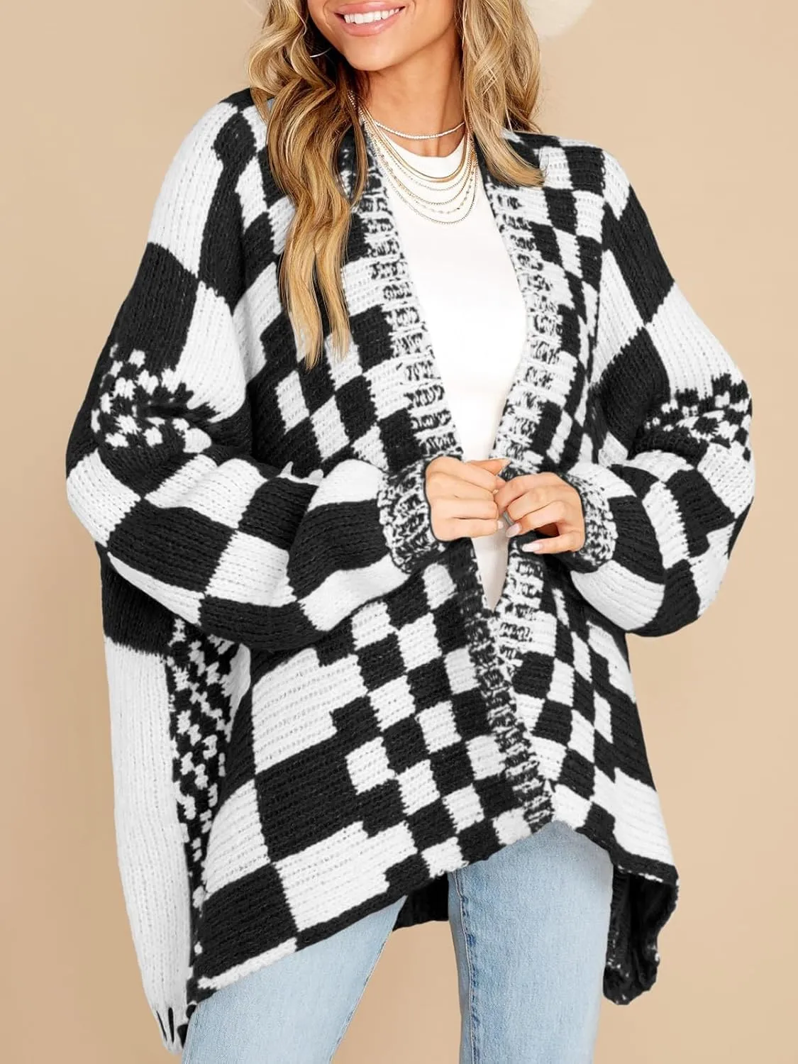 Saodimallsu Womens Checkered Sweater Color Block Plaid Cardigans Oversized Long Sleeve Knit Open Front Coats