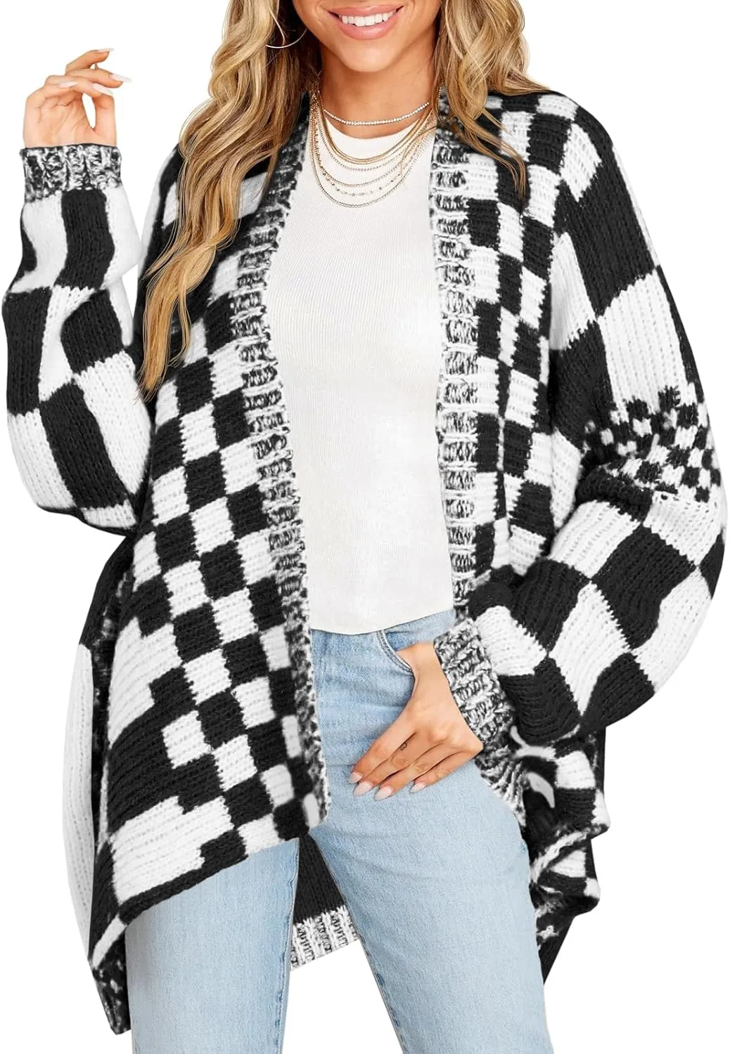 Saodimallsu Womens Checkered Sweater Color Block Plaid Cardigans Oversized Long Sleeve Knit Open Front Coats