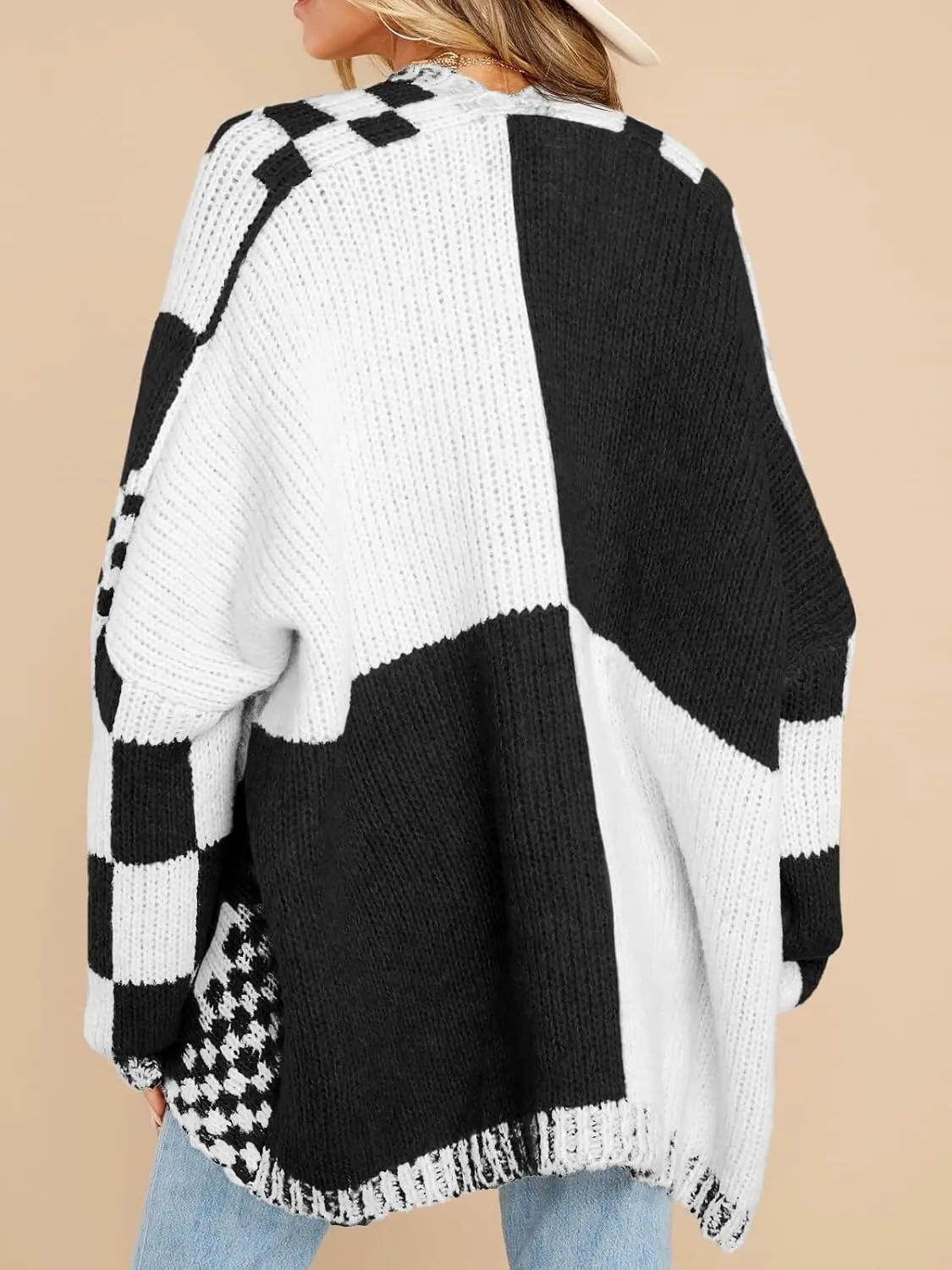 Saodimallsu Womens Checkered Sweater Color Block Plaid Cardigans Oversized Long Sleeve Knit Open Front Coats
