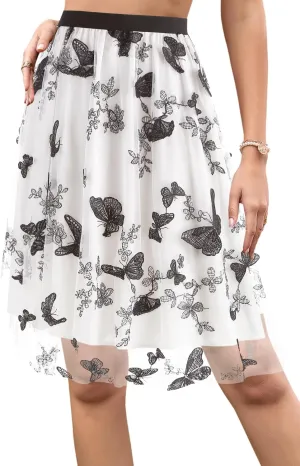 Segreto Women's 3D Butterfly A Line Knee Length Skirts Mesh Flared Umbrella Skirt High Waist Double Layered Dress