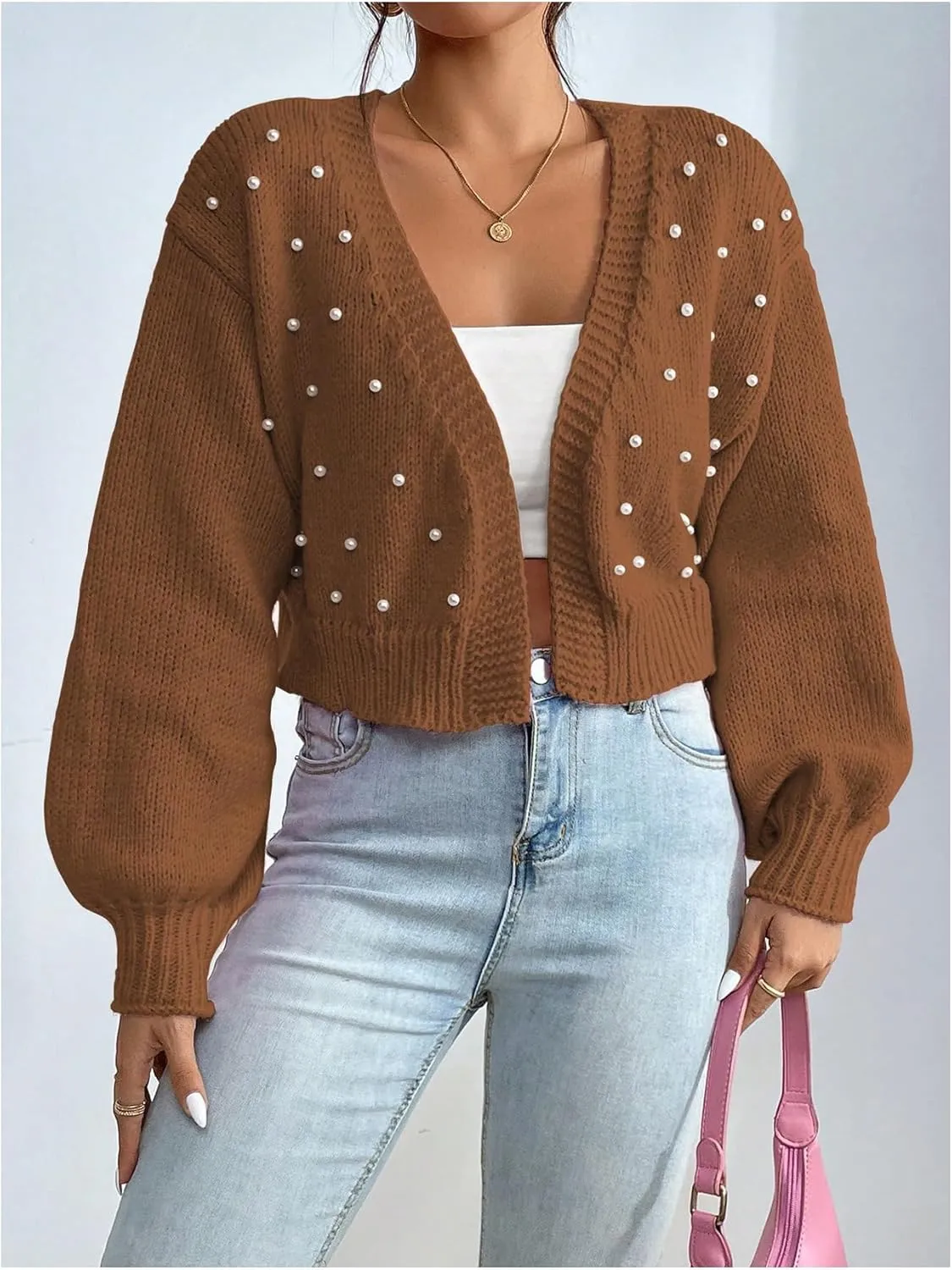 SHENHE Women's Pearl Beaded Open Front V Neck Drop Shoulder Cropped Cardigan Sweater