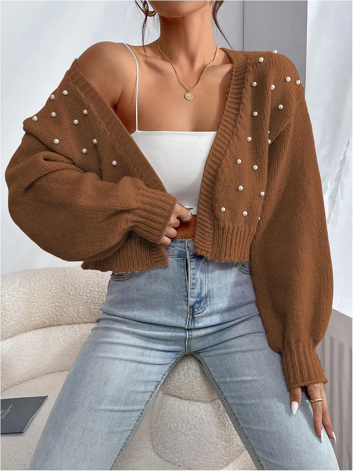SHENHE Women's Pearl Beaded Open Front V Neck Drop Shoulder Cropped Cardigan Sweater