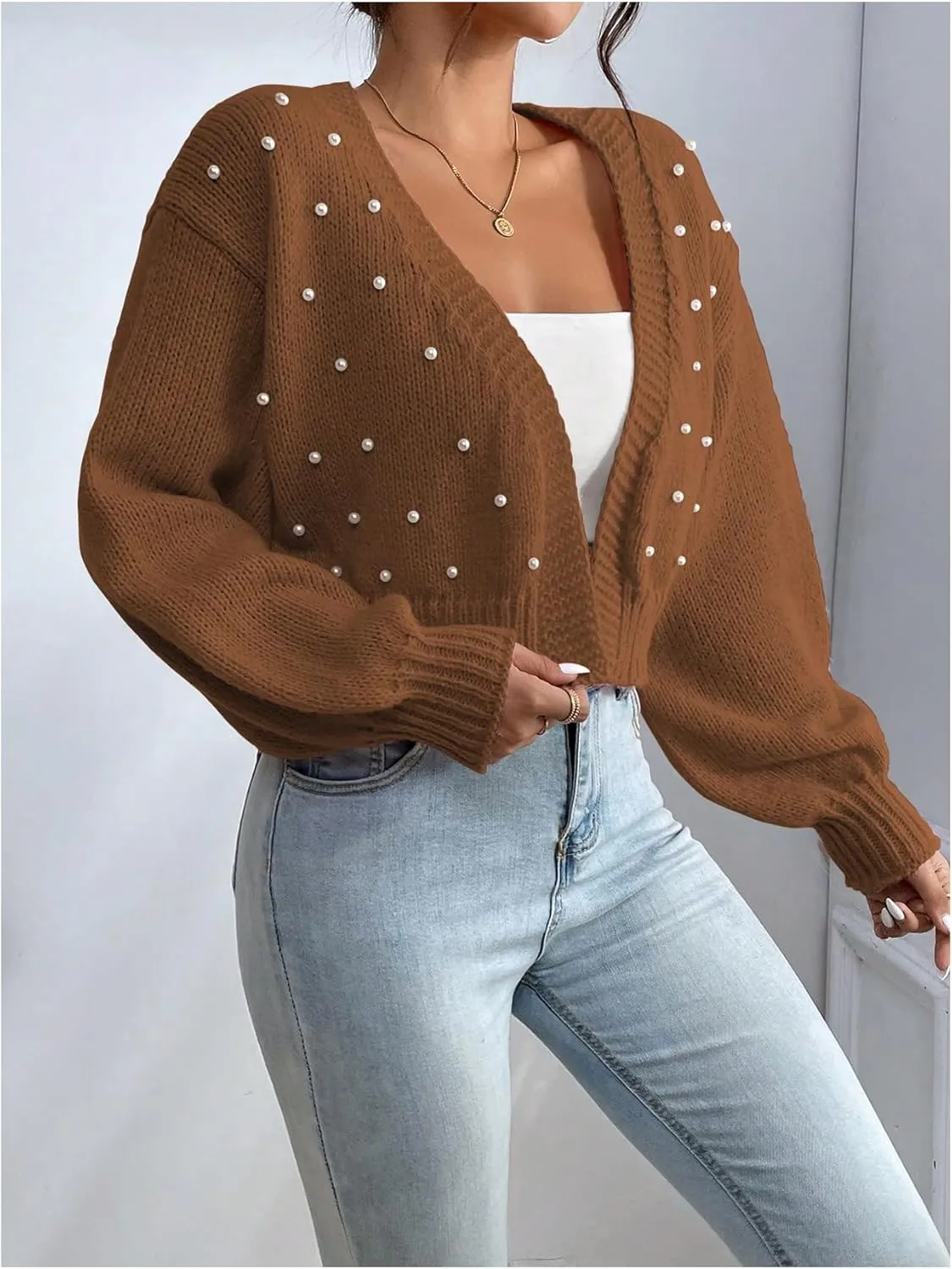 SHENHE Women's Pearl Beaded Open Front V Neck Drop Shoulder Cropped Cardigan Sweater