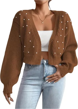 SHENHE Women's Pearl Beaded Open Front V Neck Drop Shoulder Cropped Cardigan Sweater