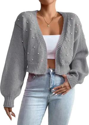 SHENHE Women's Pearl Beaded Open Front V Neck Drop Shoulder Cropped Cardigan Sweater