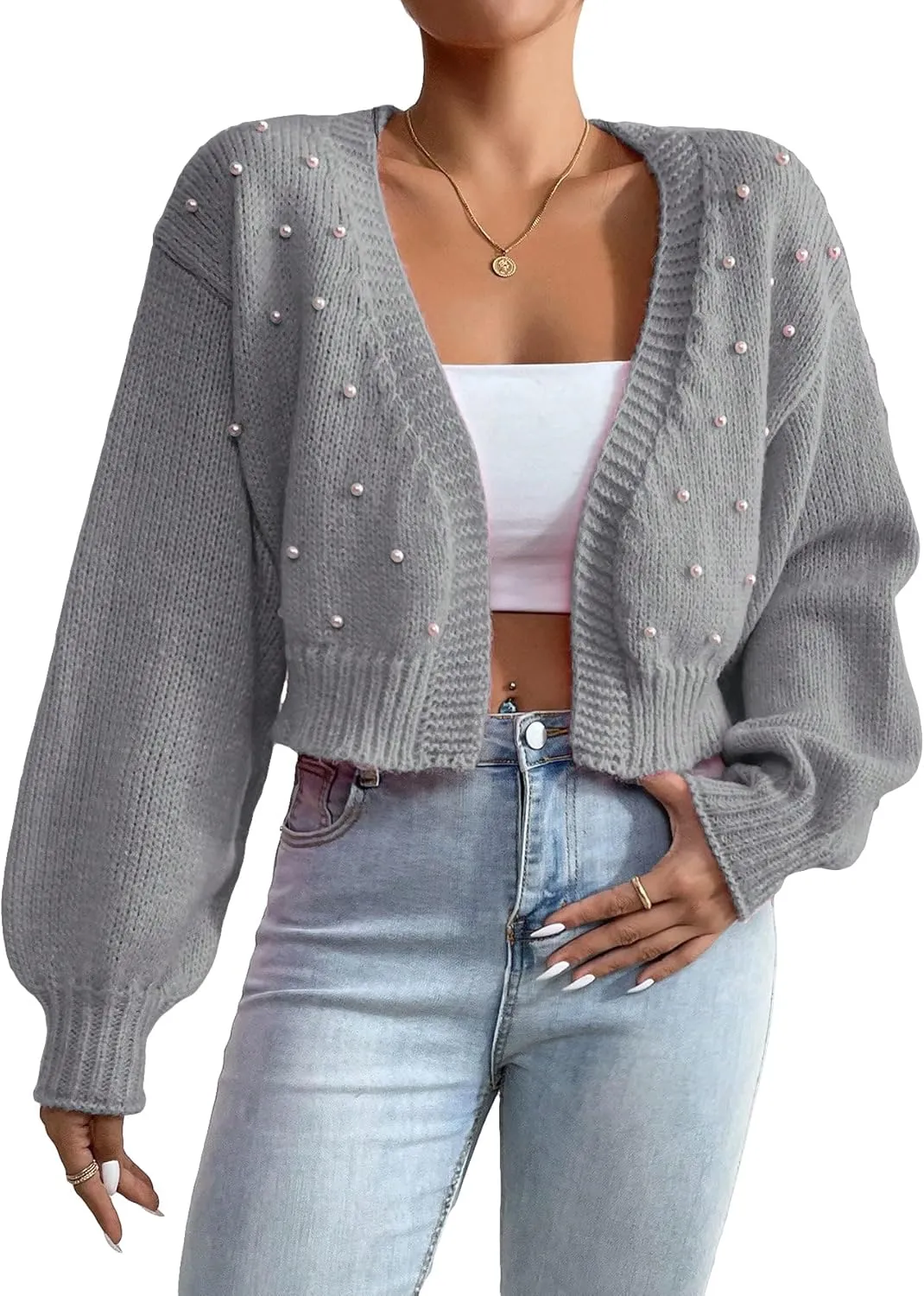 SHENHE Women's Pearl Beaded Open Front V Neck Drop Shoulder Cropped Cardigan Sweater