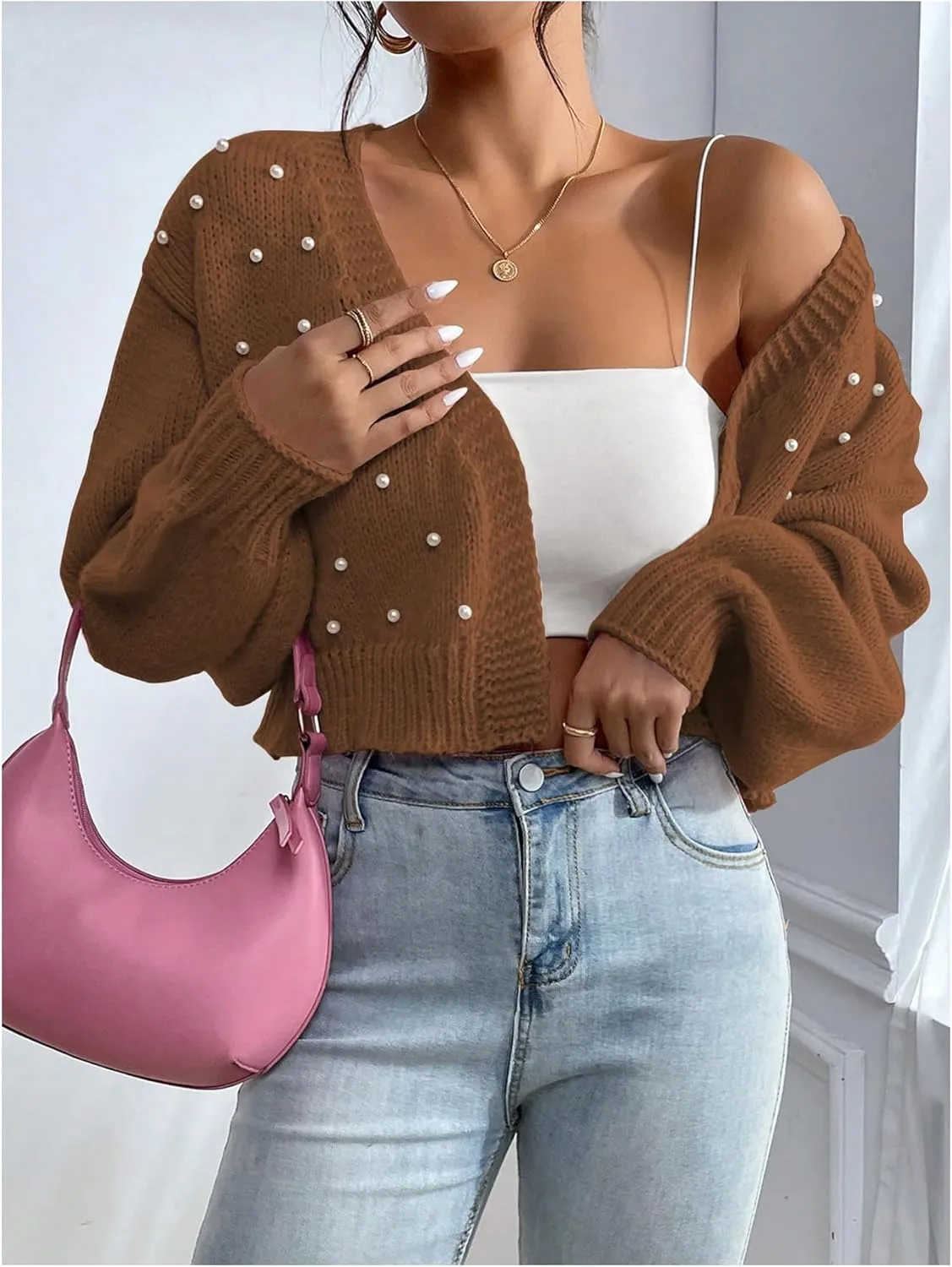SHENHE Women's Pearl Beaded Open Front V Neck Drop Shoulder Cropped Cardigan Sweater