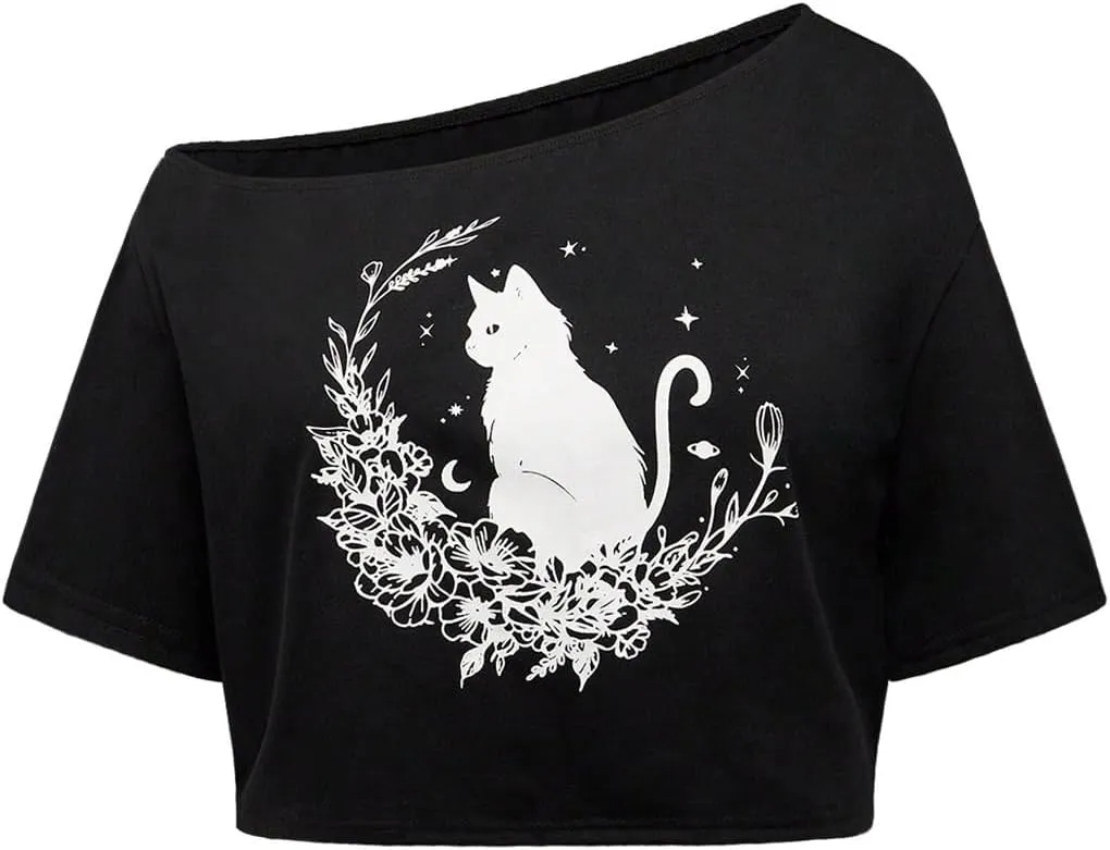 SOLY HUX Women's Plus Size Off The Shoulder Crop Tops Graphic Tees Short Sleeve Loose Fit T Shirts