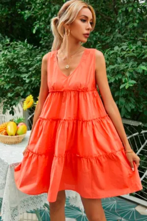 V Neck Zipper Back Ruffle Hem Smock Dress